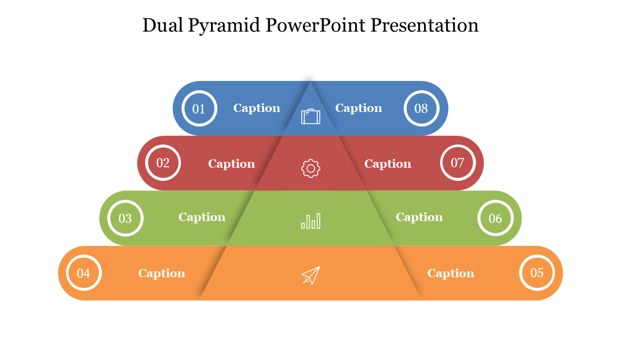 Dual pyramid PowerPoint slide with eight sections labeled with captions and icons, layered in colorful levels.