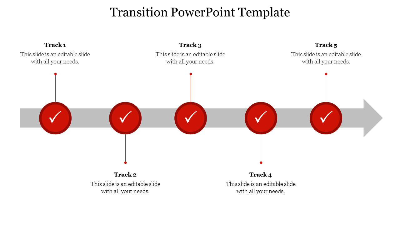 Transition slide displaying five tracks with check marks, illustrating progress in a linear format.