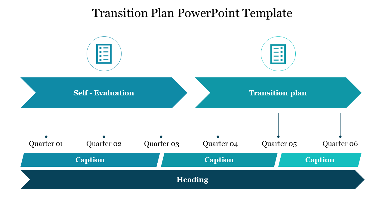 Transition plan template with two horizontal blue arrow placed side by side. It is divided into six quarters, with labels.