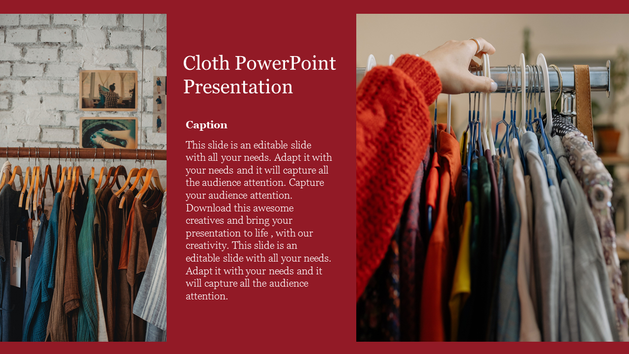 Cloth PPT slide featuring hanging garments and a red color scheme with a caption text.