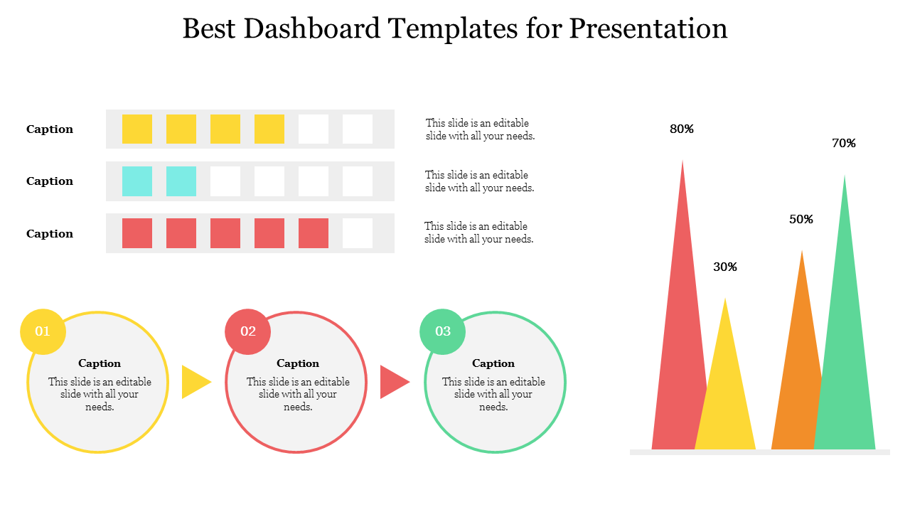 Dashboard PowerPoint template with progress bars, circular steps, and a multi color bar chart for tracking metrics.