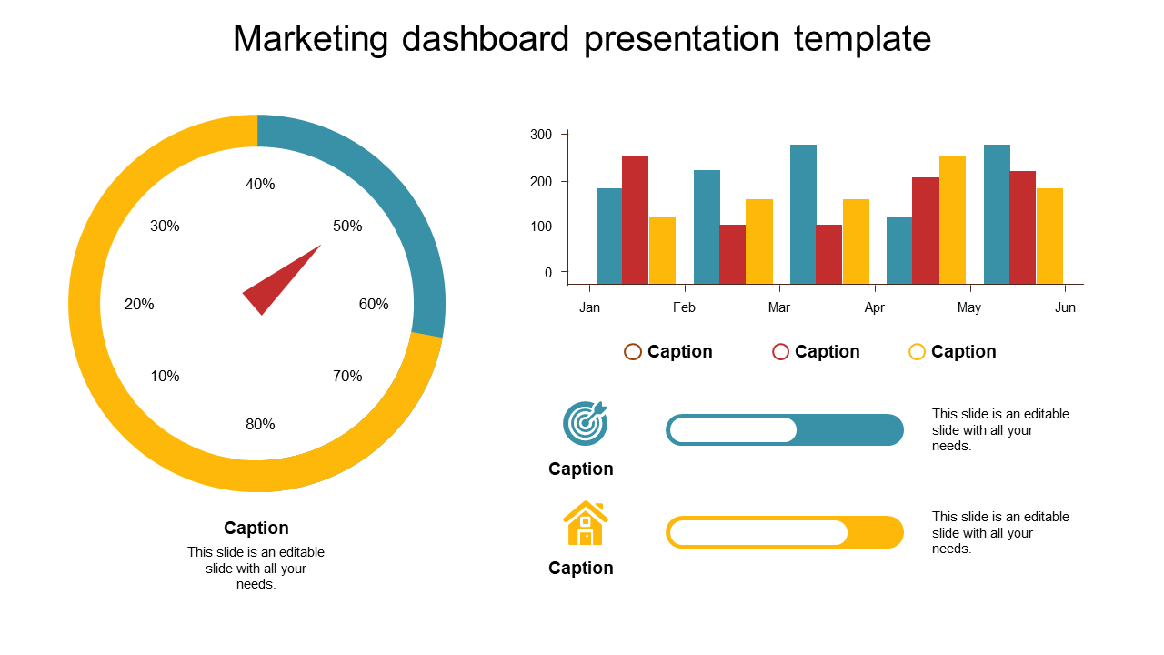 PPT template featuring a marketing dashboard with a colorful pie chart, bar graph, and progress bars for data presentation.