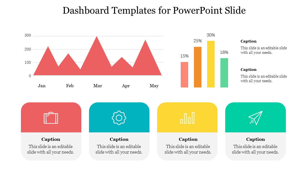 Dashboard with a red line graph for Jan-May and a bar chart of four colored percentage bars and category icons.