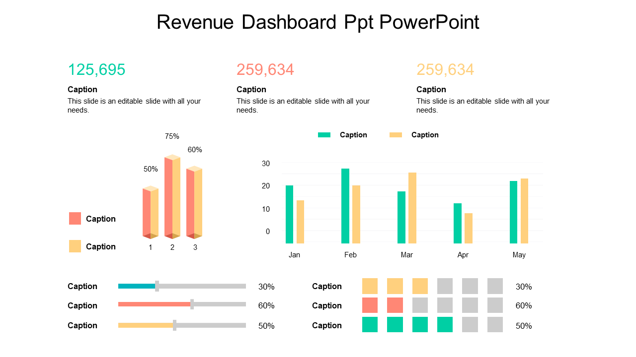 Revenue dashboard with bar charts, statistics, and sliders showing data metrics in various colors.