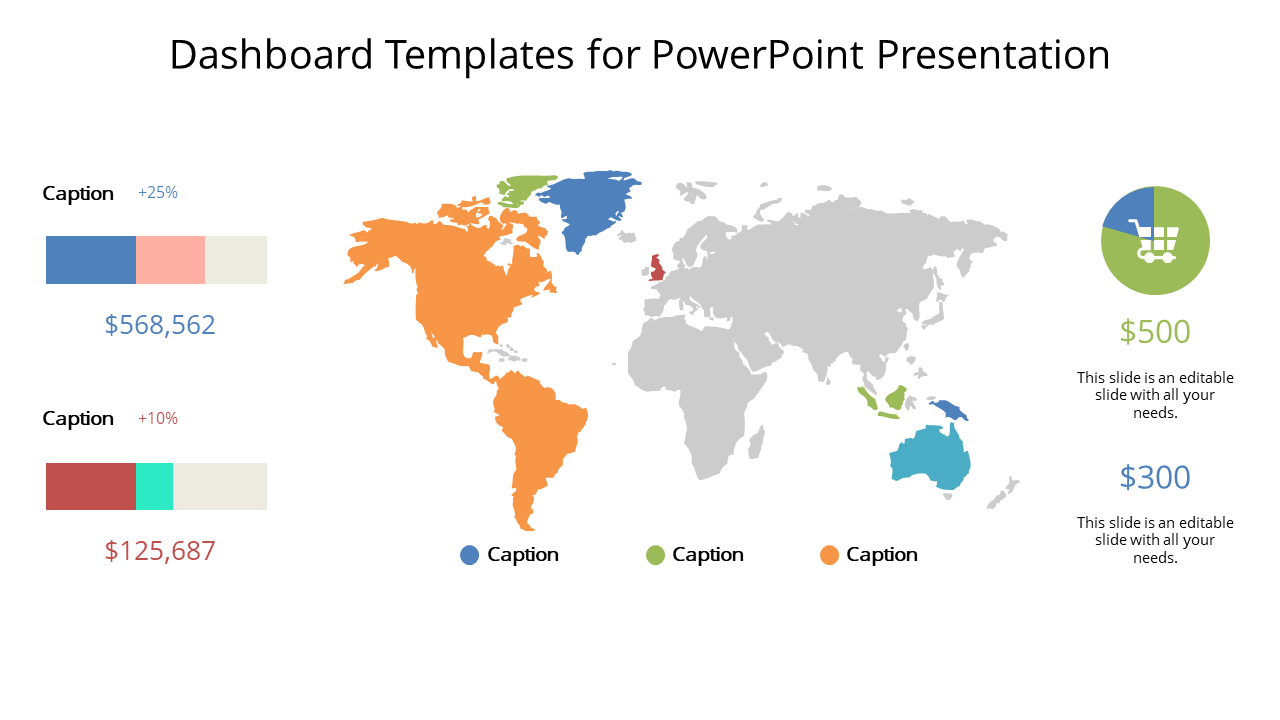 Dashboard template with a world map showing highlighted regions, bar graphs, and financial data captions.