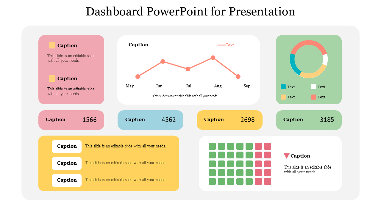 A colorful dashboard PowerPoint slide featuring graphs, stats, and a pie chart for a data driven presentation with captions.