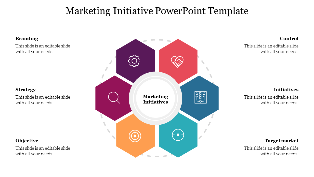 Circular layout with six colorful hexagons around a central circle, representing marketing initiatives.