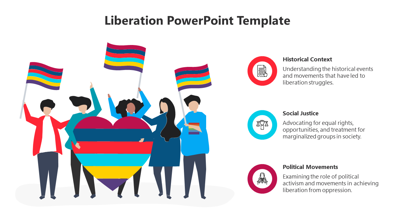 Illustration of group of diverse people holding striped flags and a heart, with three icons on the right side.