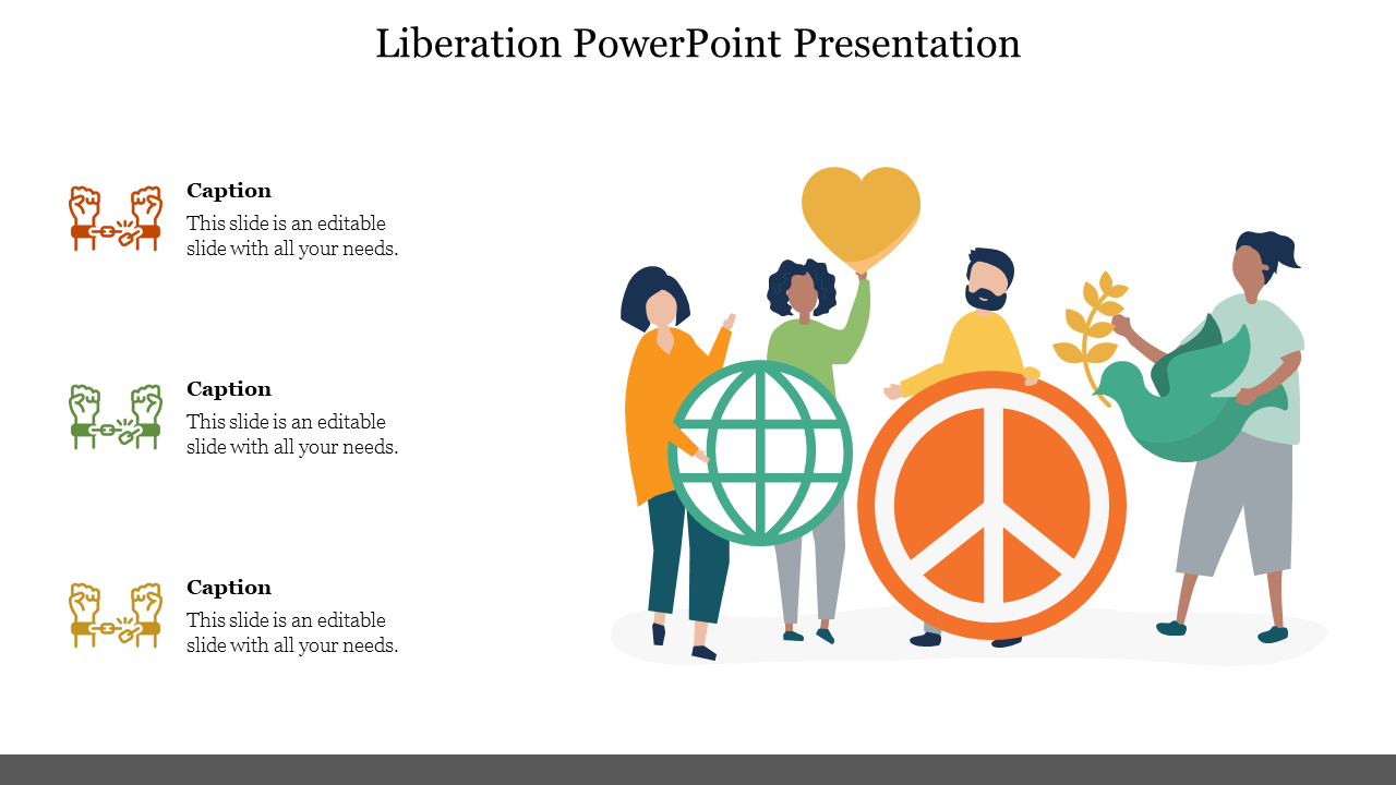 Illustration of diverse figures holding symbols of liberation, including a globe, peace sign, heart, and plant.