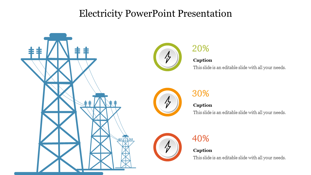 Illustration of blue power lines with electricity towers and three circular percentage icons in green, orange, and red.