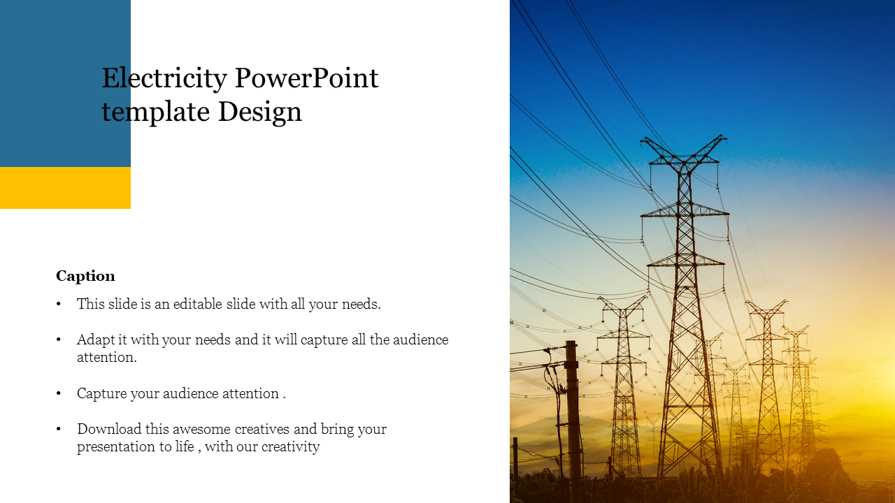 Slide featuring an electricity theme with power lines, caption area, and a title block in a blue and yellow design.