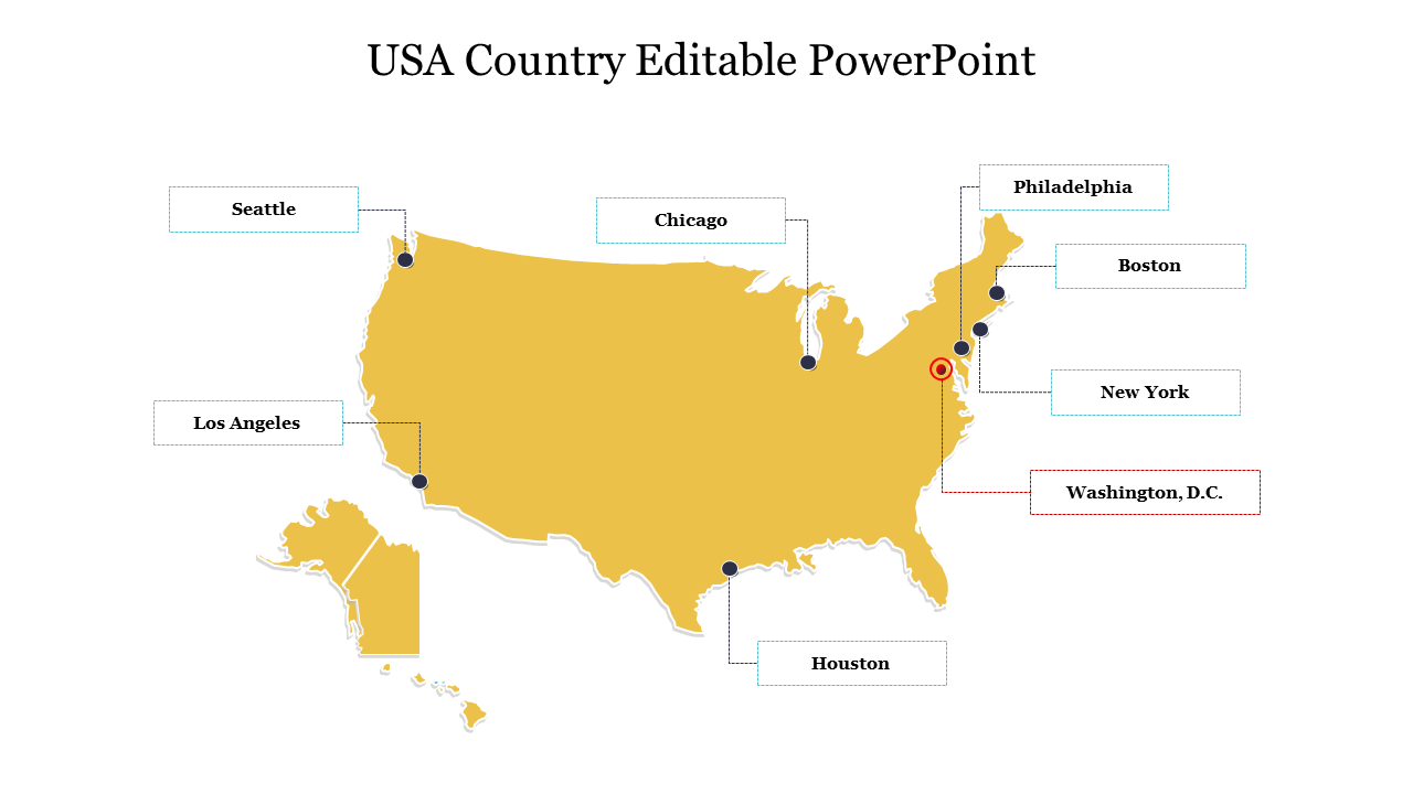 USA map in yellow with markers for major cities, including Washington D.C. in red and other with blue dots.