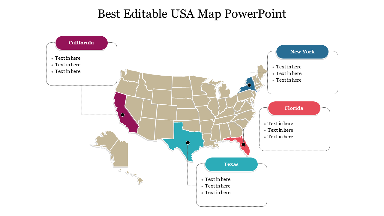 USA map slide featuring highlighted states and space for the placeholder text box.