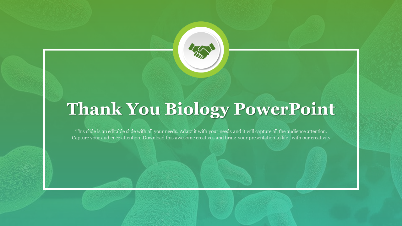 Thank You slide with a biology theme, featuring bold text on a green background with microbe imagery, to convey appreciation.