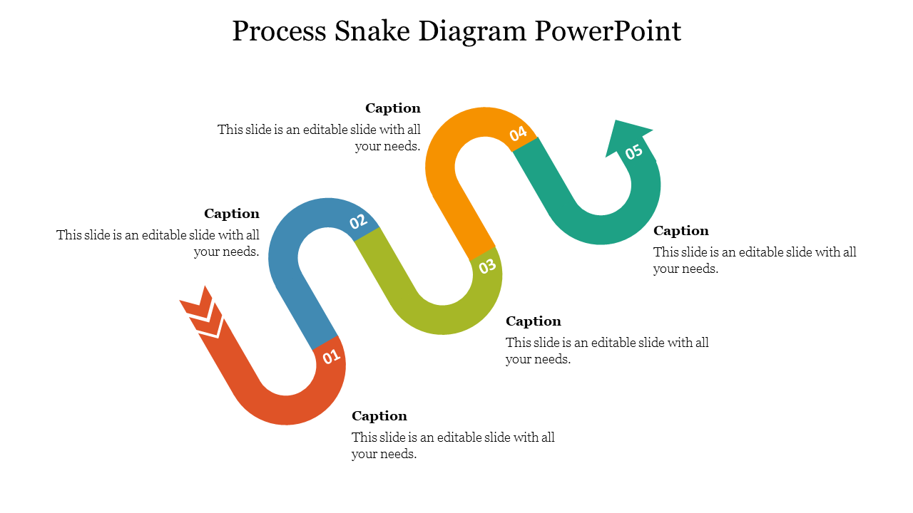 Process flow diagram in a snake shape with colorful segments, numbered steps, and  caption areas.