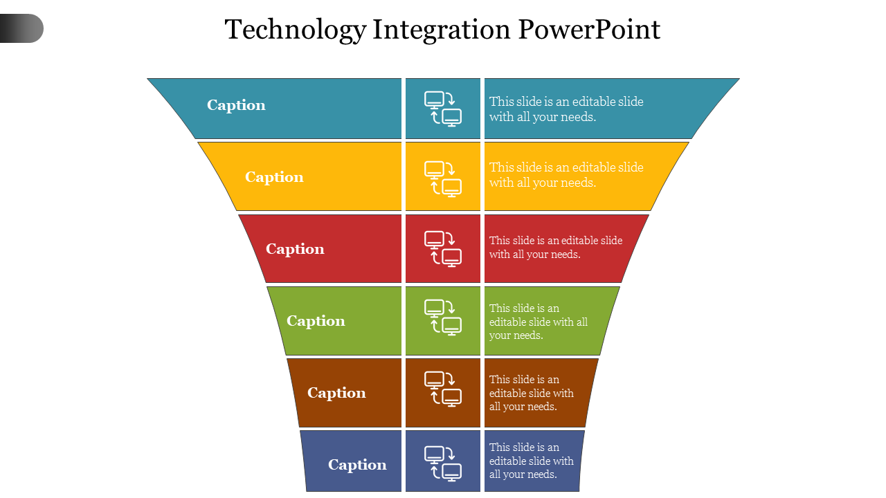 Multi-colored funnel chart with six layers, each divided into three columns of icons and captions.