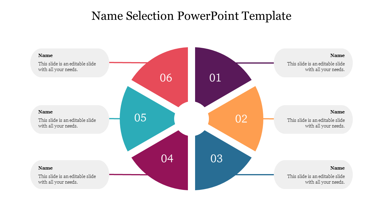 Circular segmented diagram with six colored  sections with a title for name selection with text boxes.