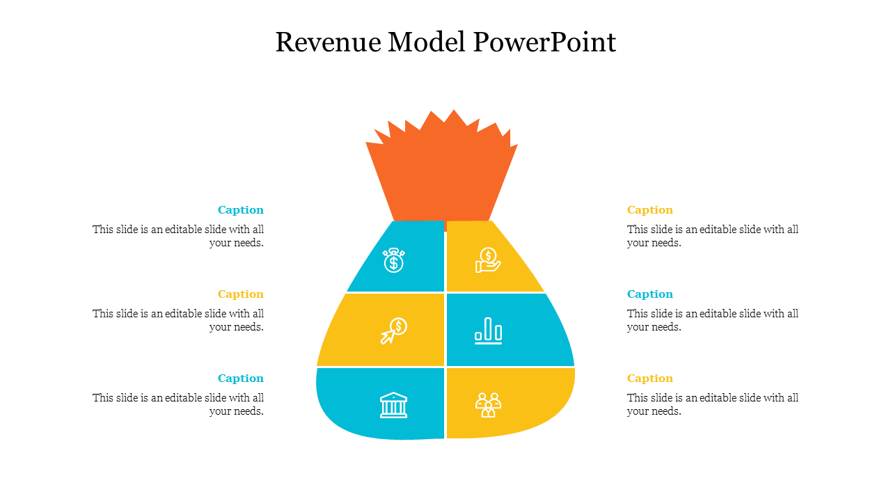 Colorful revenue model PowerPoint slide design with six sections and related business icons with captions on a white theme.