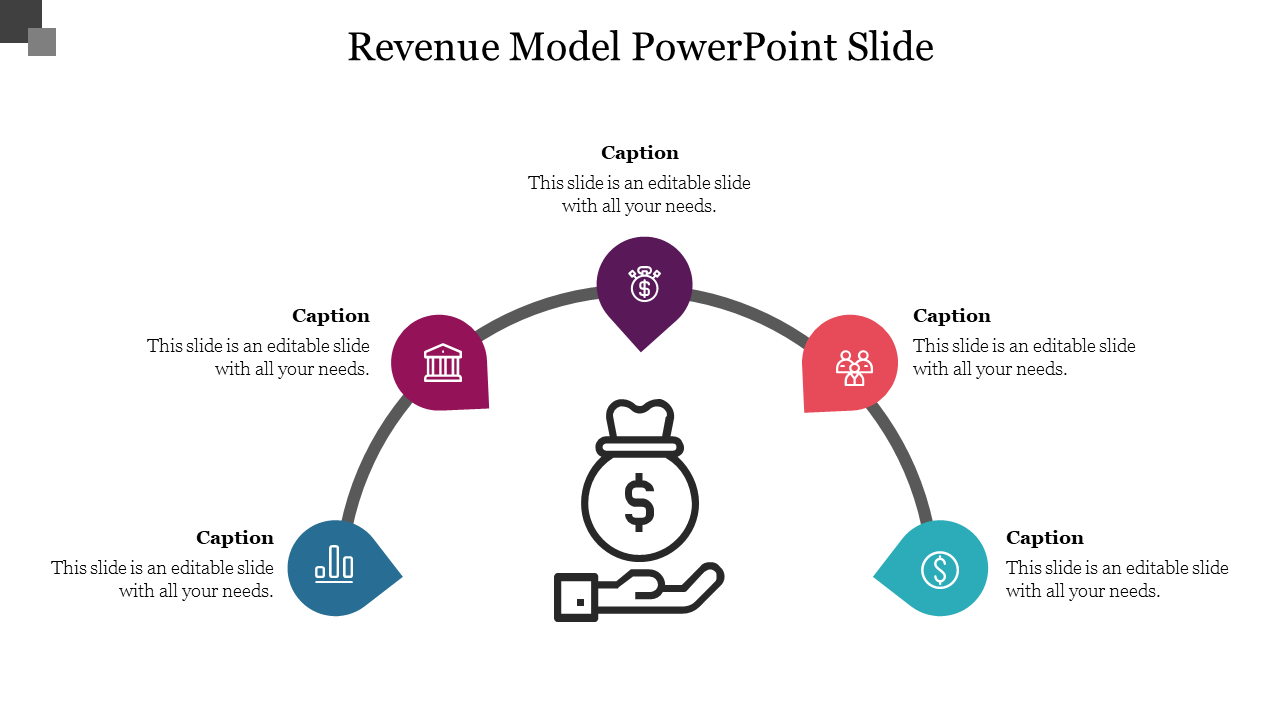 Revenue slide with a semi circle of five colored icons with a central hand holding a dollar sign, each with captions.