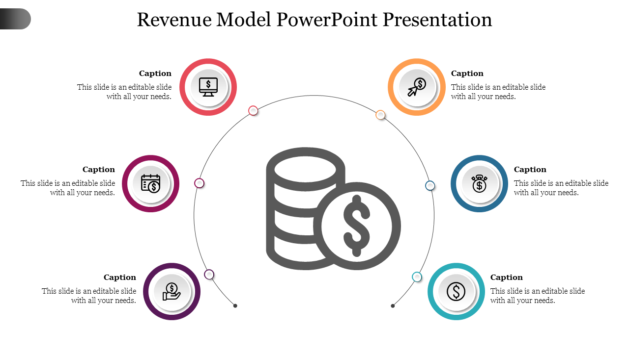 Revenue model slide with financial icons in a circular layout surrounding a coin stack symbol with text captions.