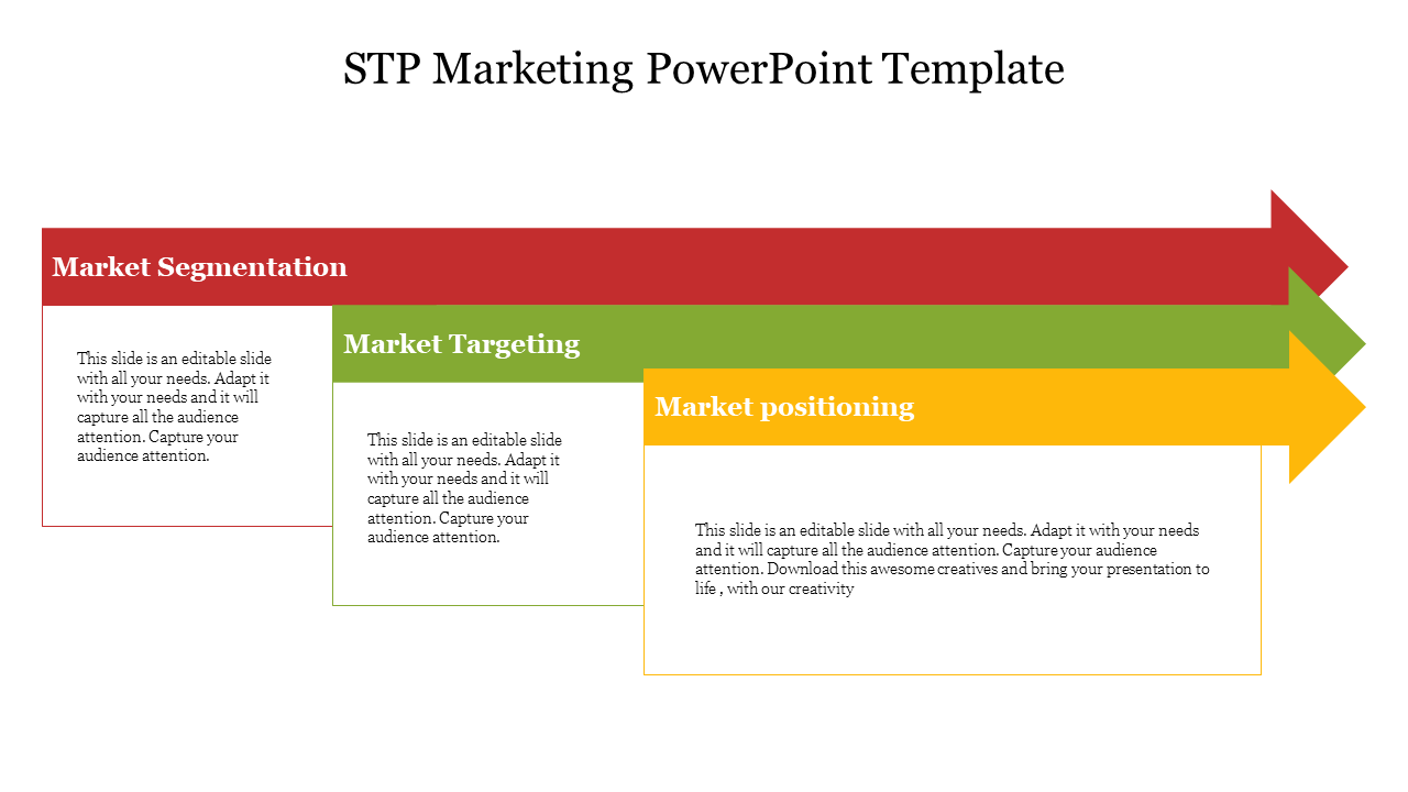 Three horizontal arrows in red, green, and yellow, pointing right with overlapping text boxes below.