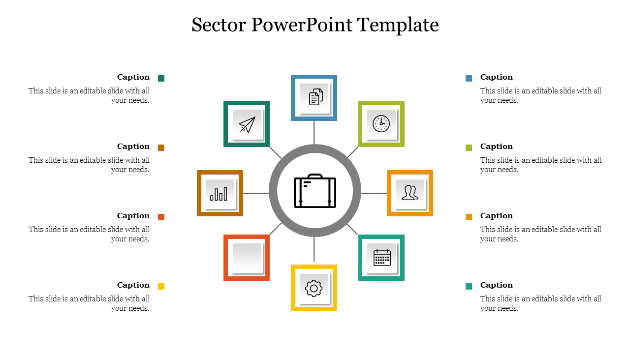 Sector PPT slide featuring a central icon of a briefcase surrounded by eight colorful squares with icons and captions.