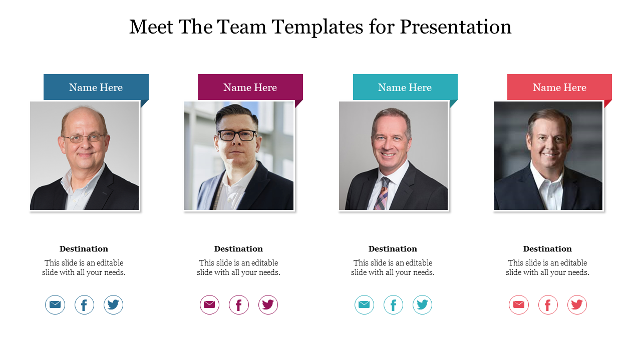 Meet team introduction PPT slide with four photos, names, and social media icons with placeholder text on a white theme.