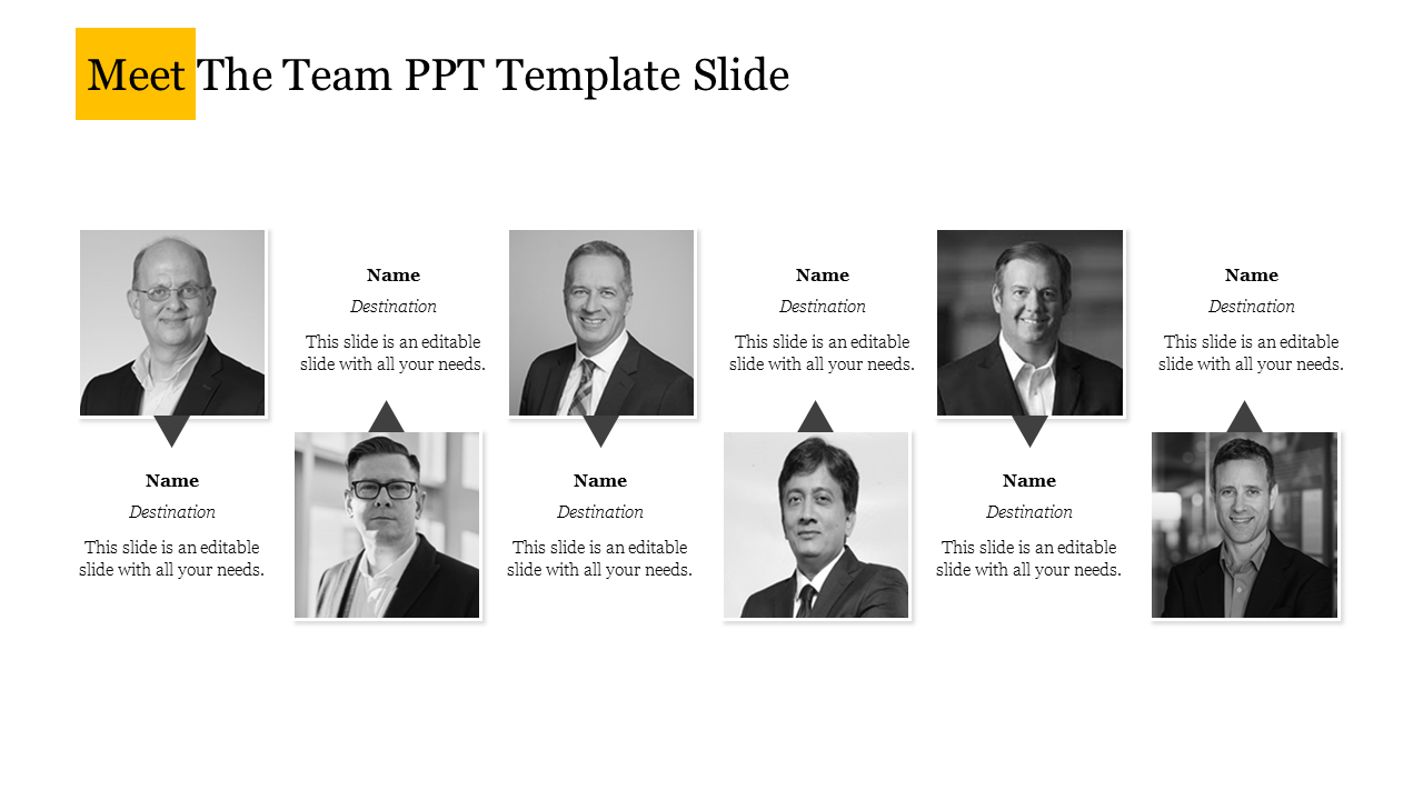 Meet the team slide with six black and white headshots arranged in two rows, with names and roles beneath each photo.