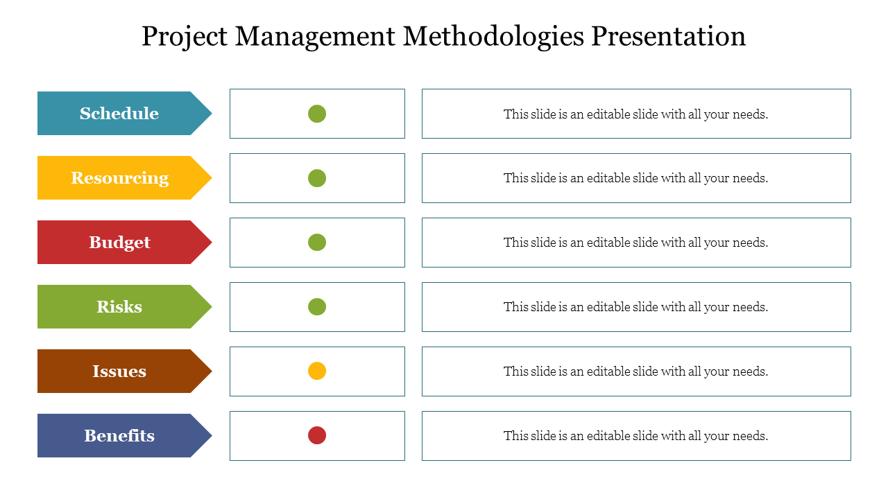 Project management slide with six labels in blue, yellow, red, green, brow, and purple, paired with dots and text boxes.