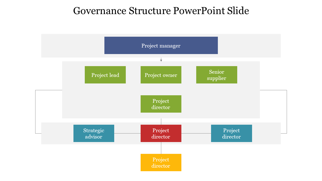 Flowchart showing hierarchical governance structure with colored boxes in  a white background.