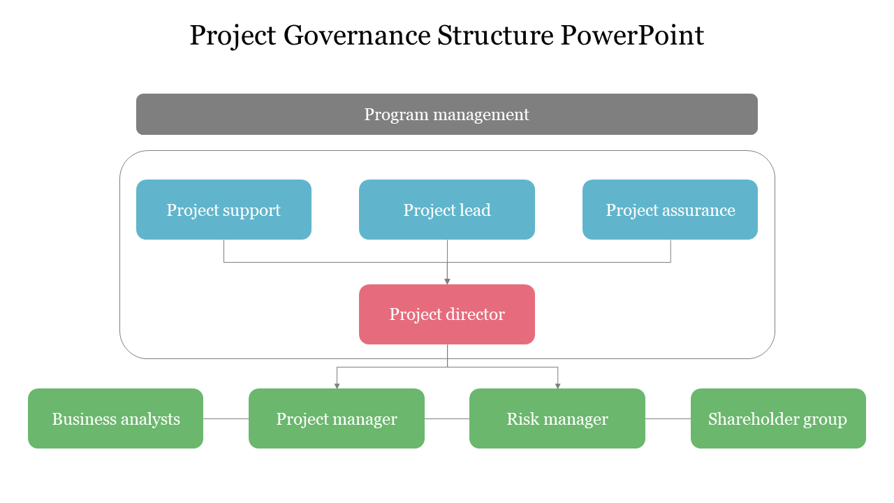 Colorful project governance structure diagram slide highlighting key roles and responsibilities.