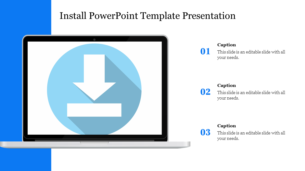 Laptop with a large install icon on the screen, alongside three numbered caption placeholders.