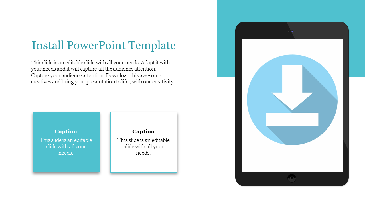 Install PowerPoint template with a download icon on a tablet screen and two caption boxes for text.