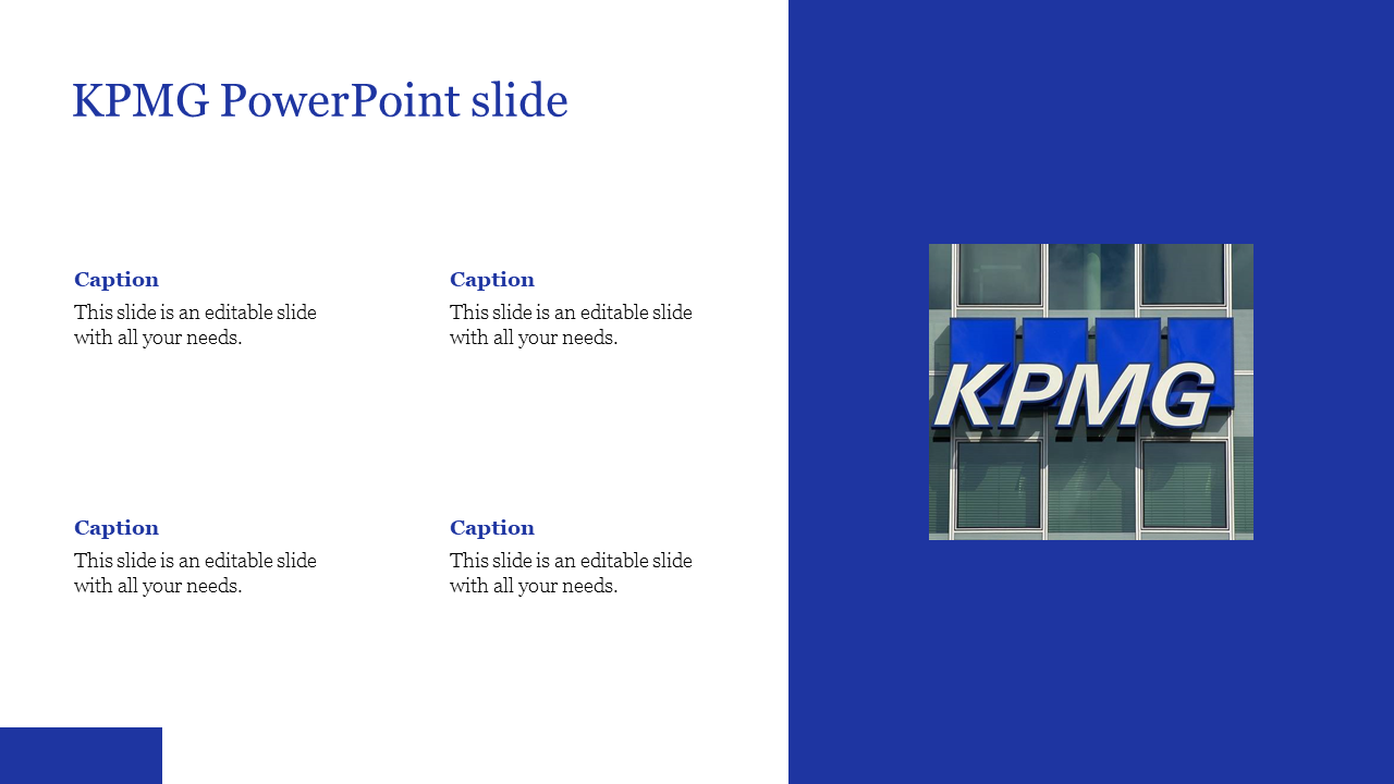 Slide with four text areas and KPMG building logo on the right, using a blue and white color scheme.