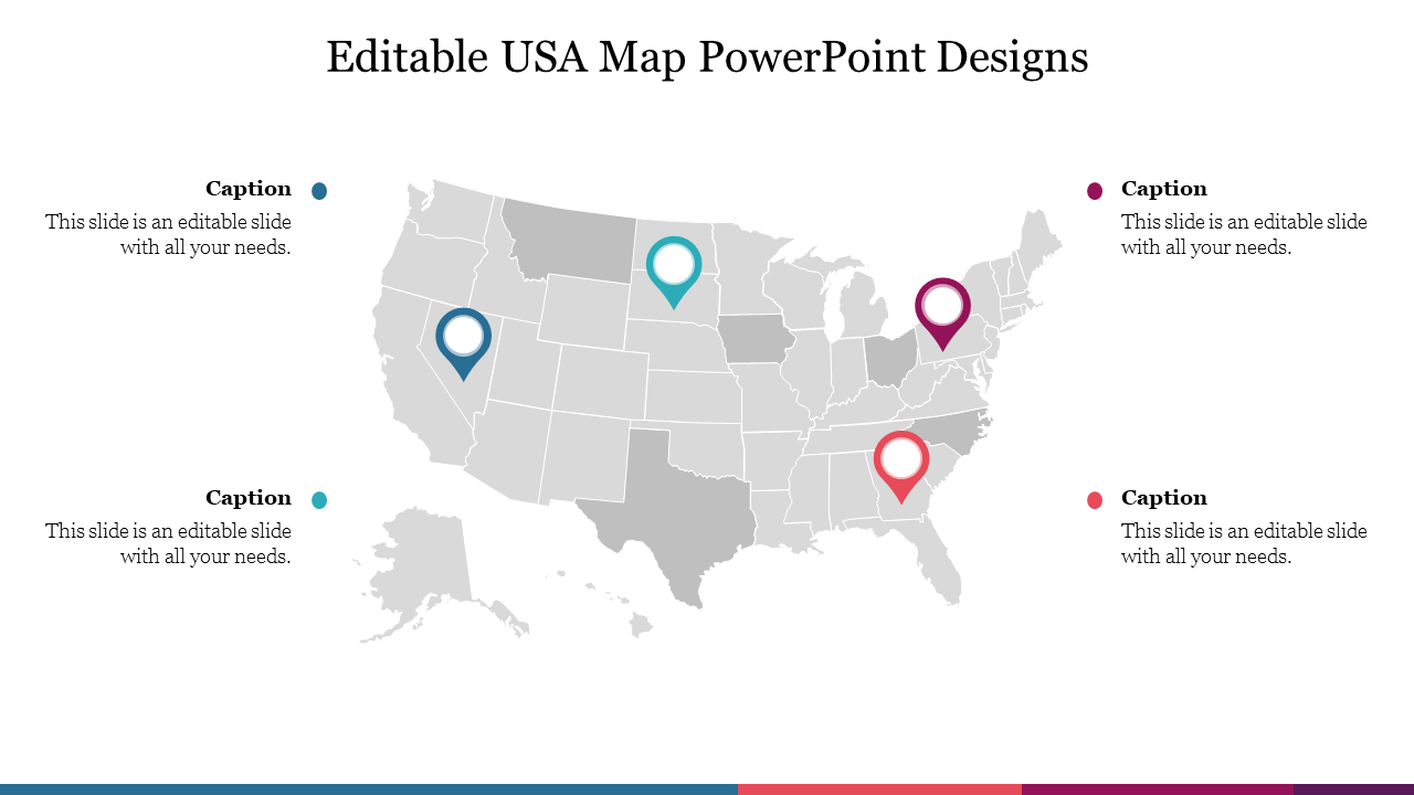 USA map PowerPoint slide with four location markers and text captions on the sides.