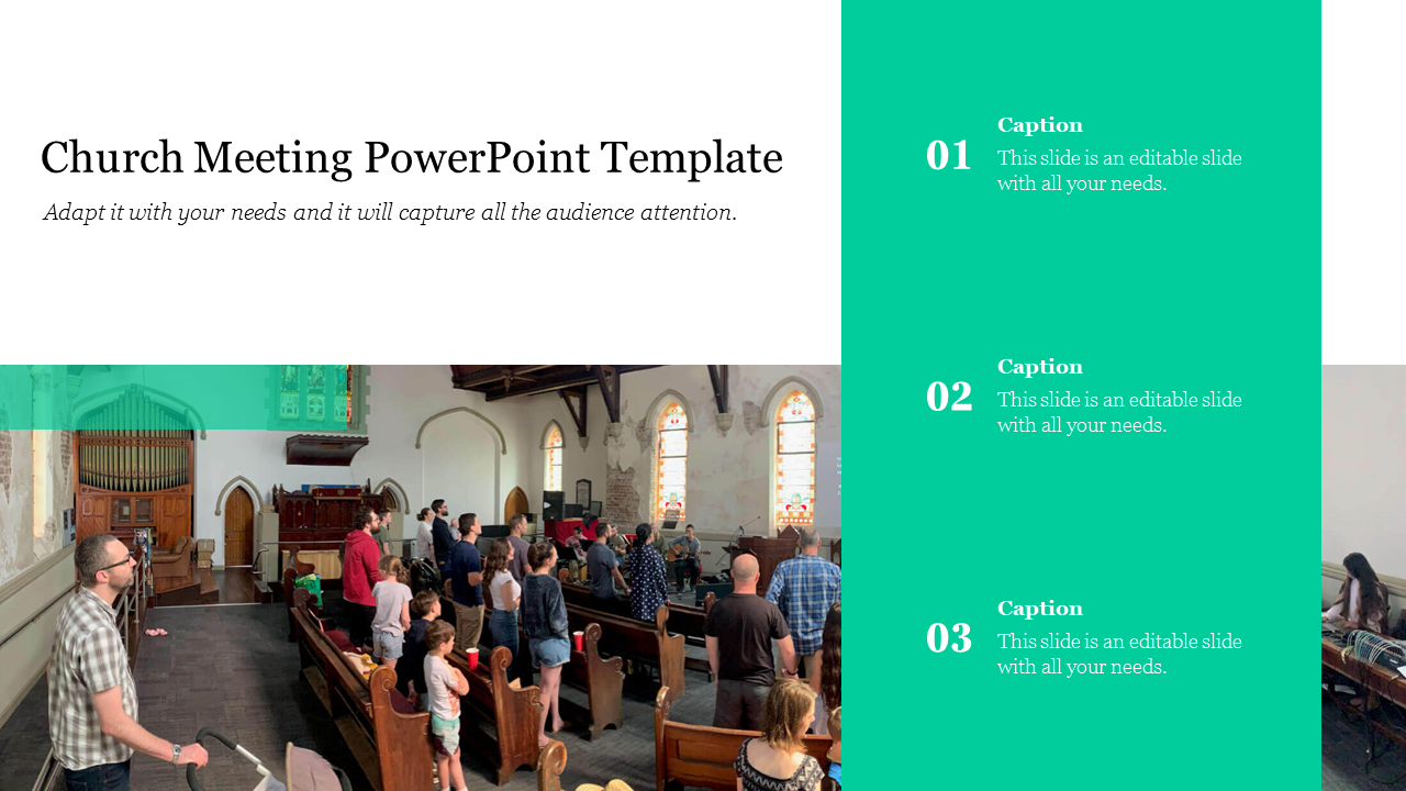 PowerPoint template showing a church gathering, with captions on a green background.