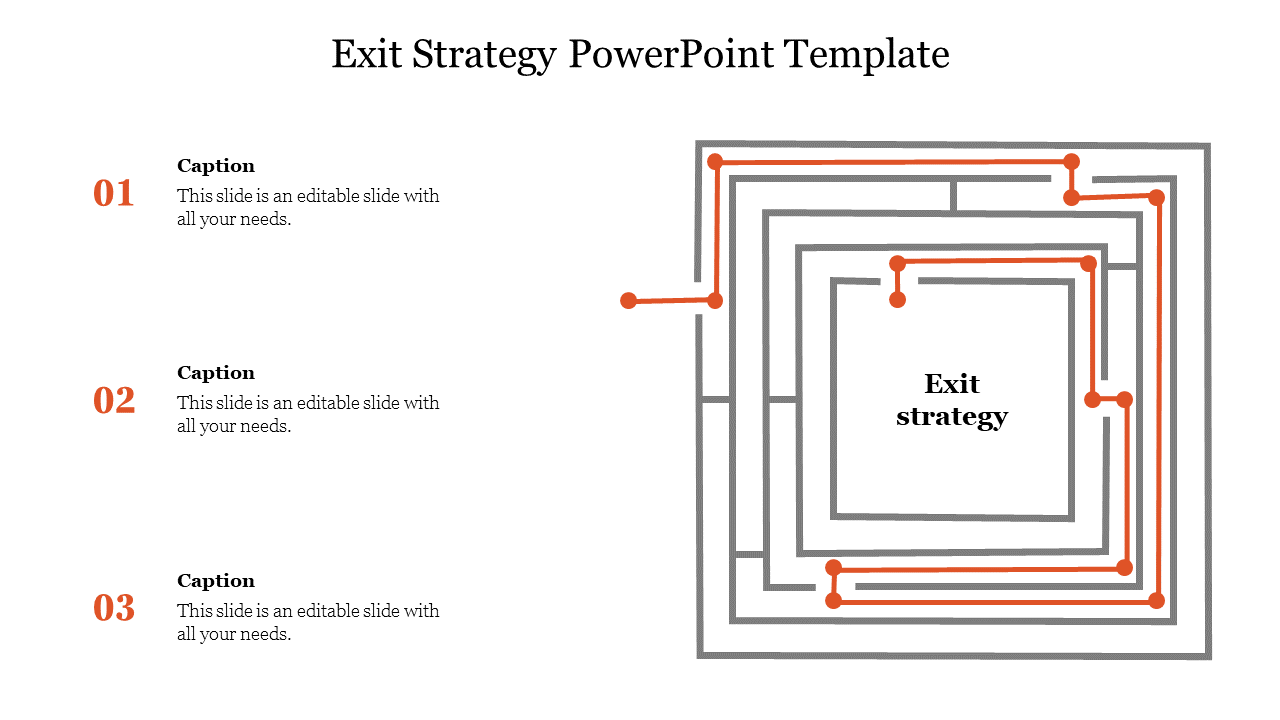 Maze like exit strategy diagram with red path lines and three numbered captions on the left.