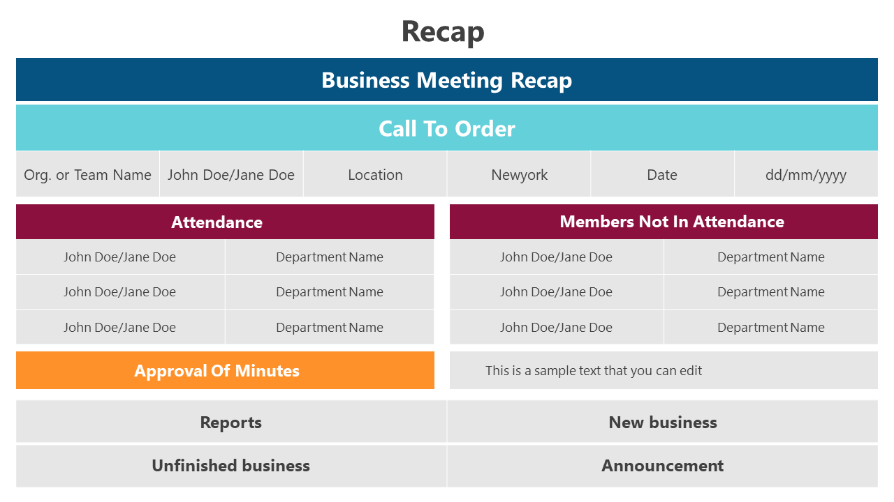 Recap slide featuring a colored table for meeting details, attendance, and approval of minutes.