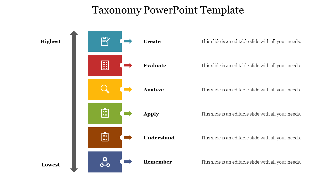 Taxonomy slide featuring a hierarchical structure from remember to create with colored icons and placeholder text.