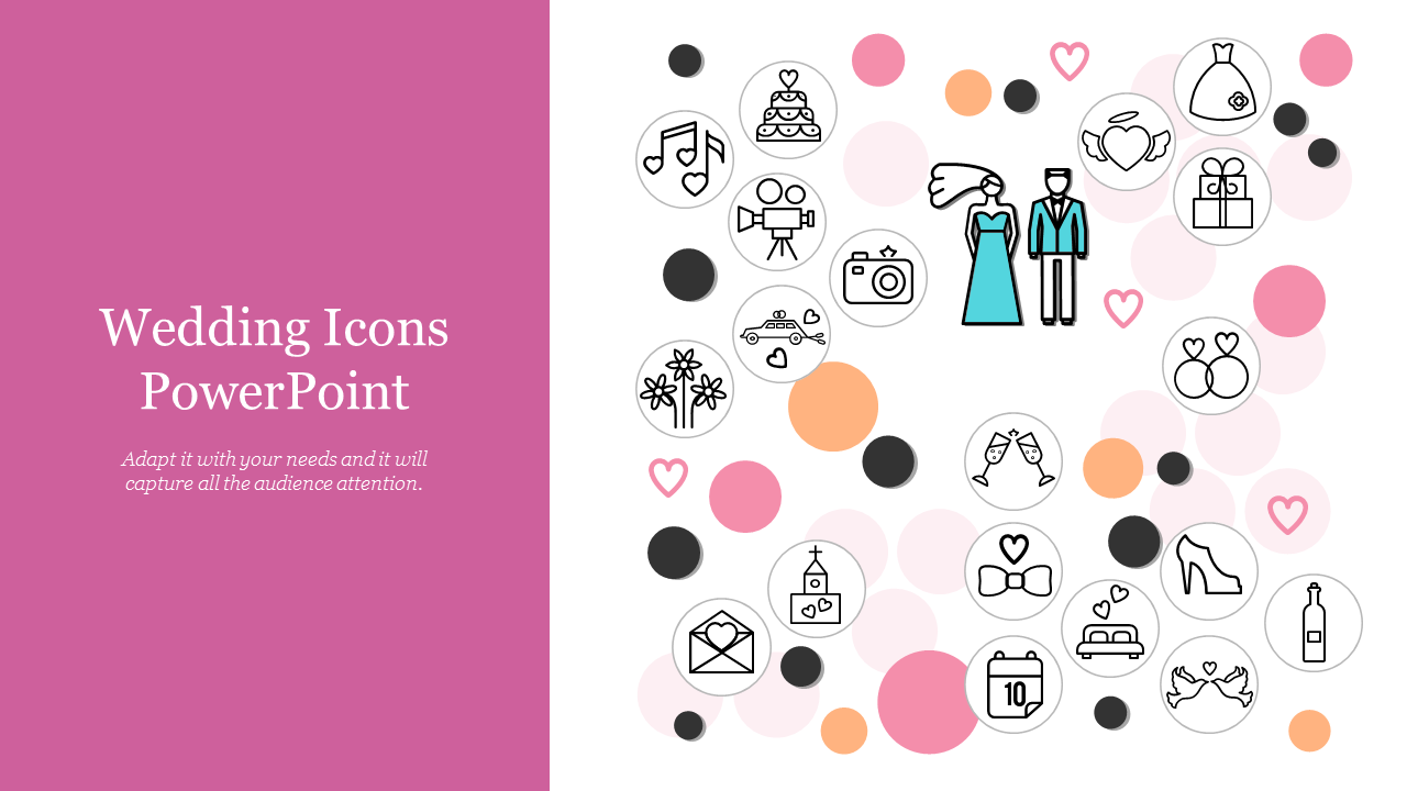 Wedding themed icon set with symbols like bride and groom, wedding rings, cake, and other celebration elements.