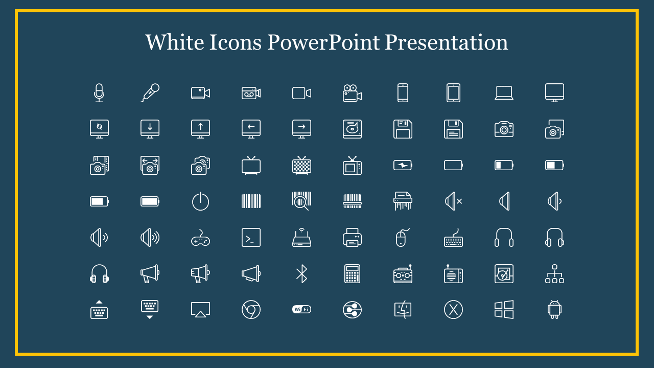 A collection of minimalistic white icons related to technology and media on a blue background.