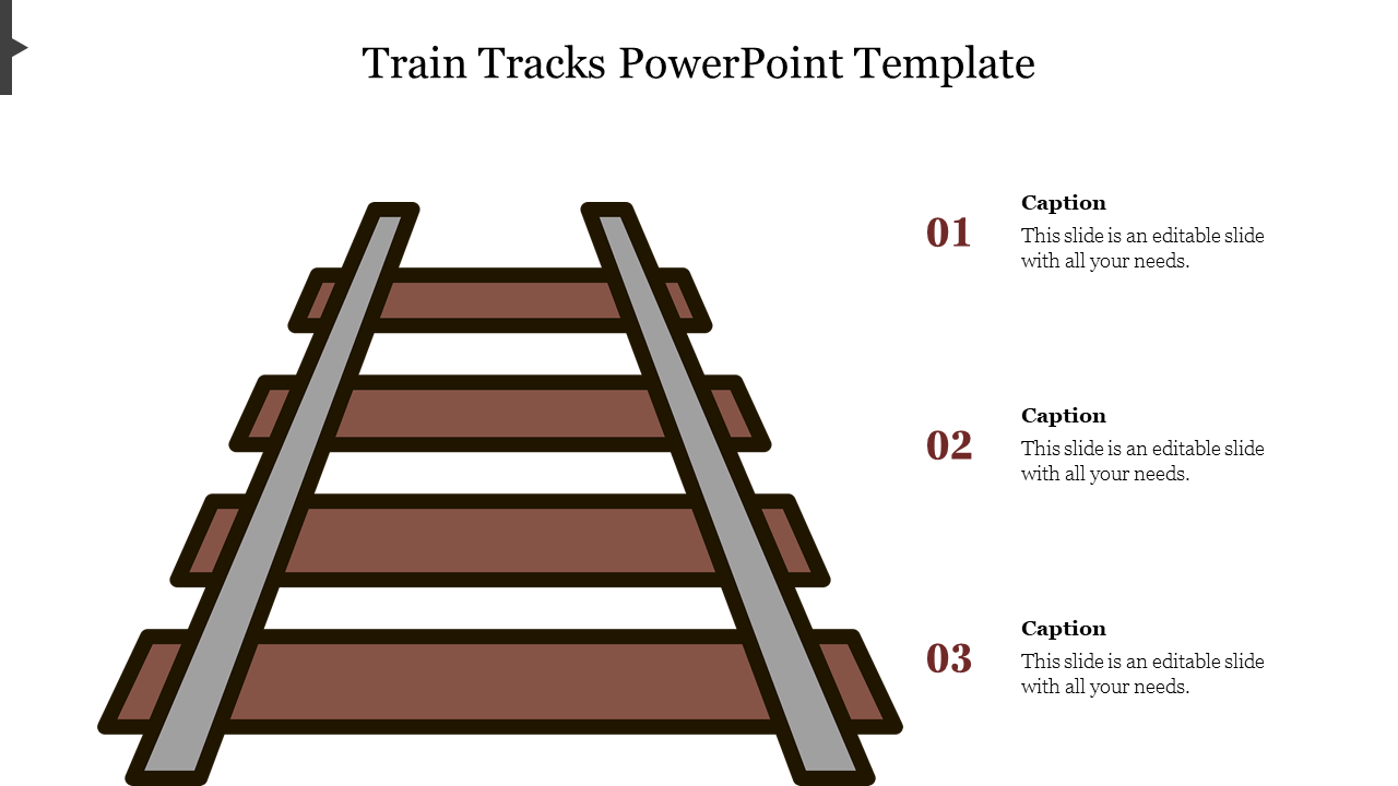 Brown and gray train tracks extending toward the horizon, with three numbered captions aligned on the right.