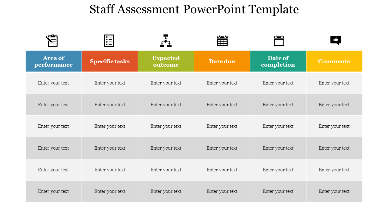 Staff assessment table with six columns for evaluating for performance  and additional comments.