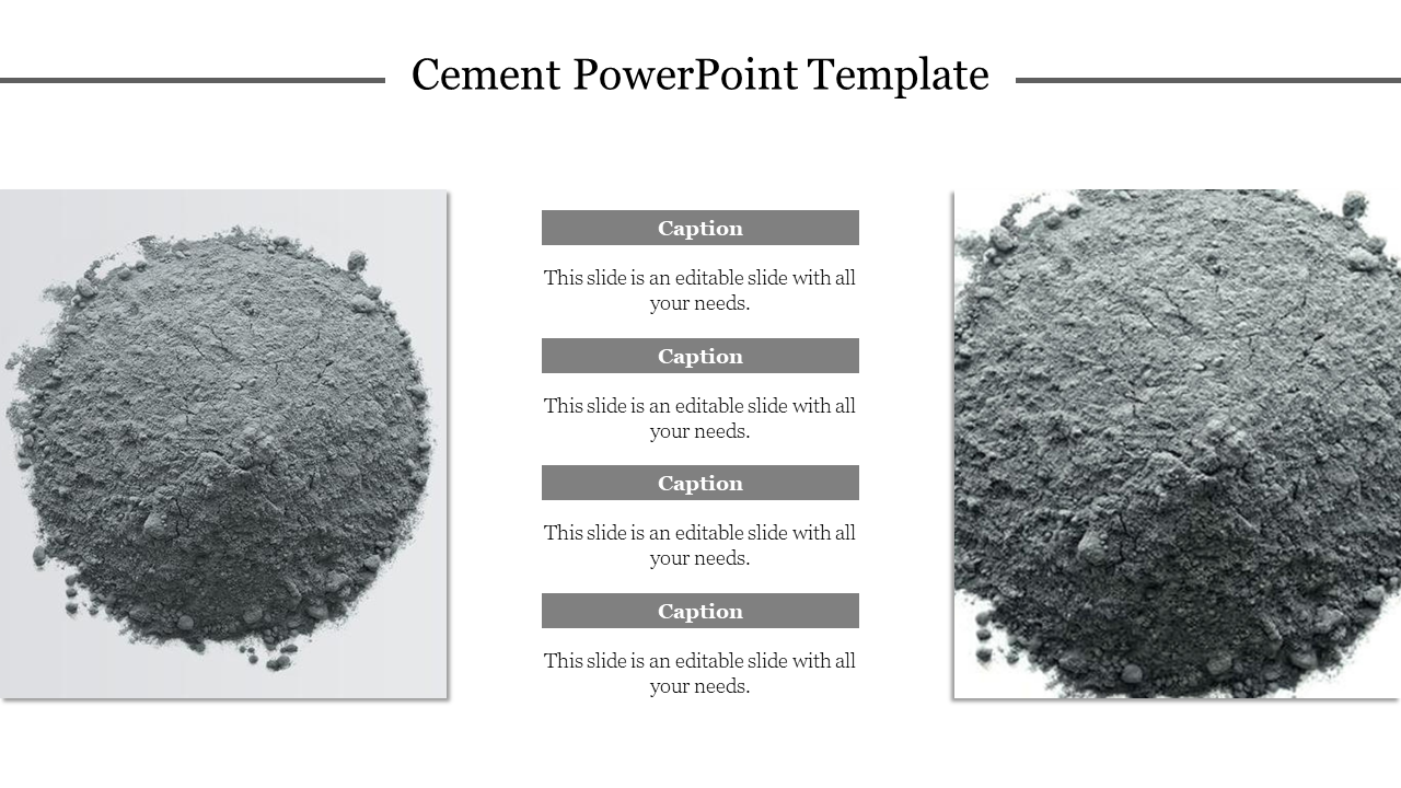 Two piles of grey cement powder on both sides, with a stack of text boxes in the center for captions.