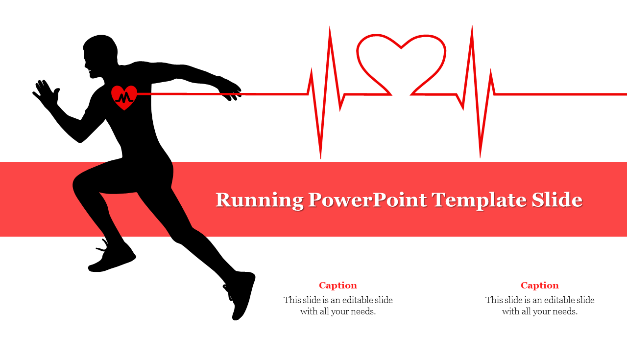 Silhouette of a runner with a red heart pulse line, on a white and red backdrop with two caption areas at the bottom.