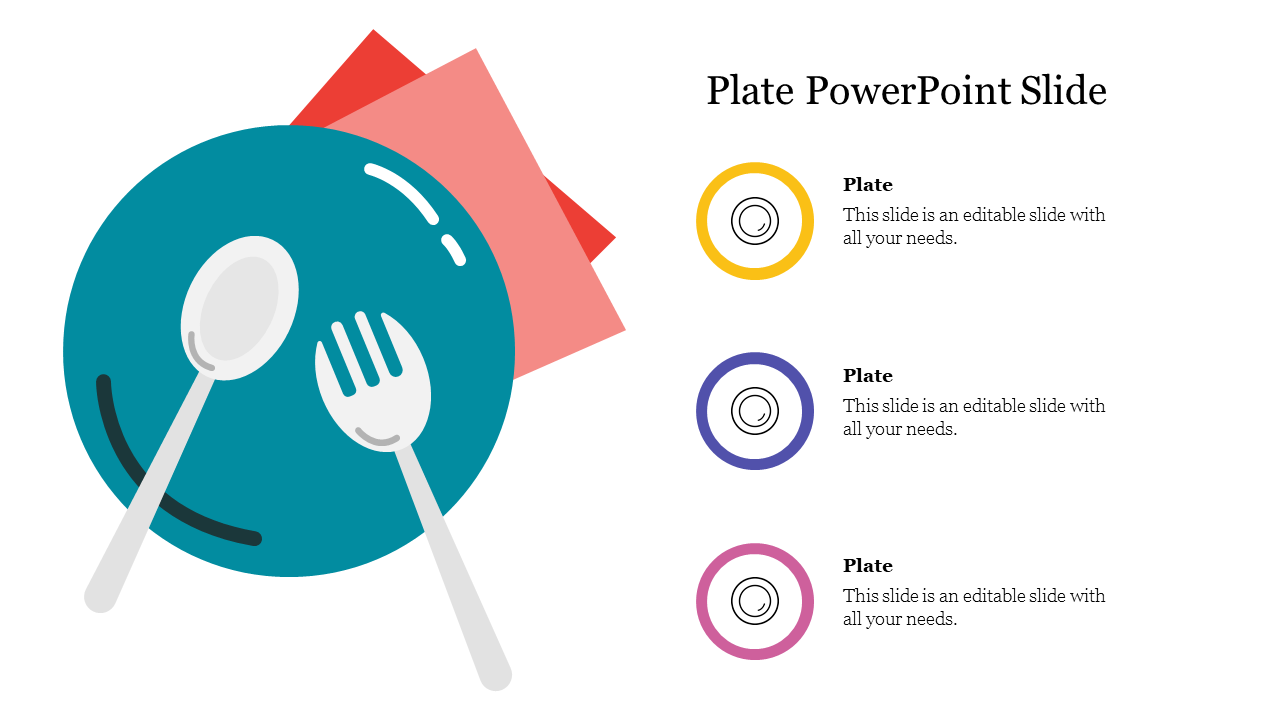 Illustration of a teal plate with a fork and spoon on red napkins, alongside three colored circular icons on the right.