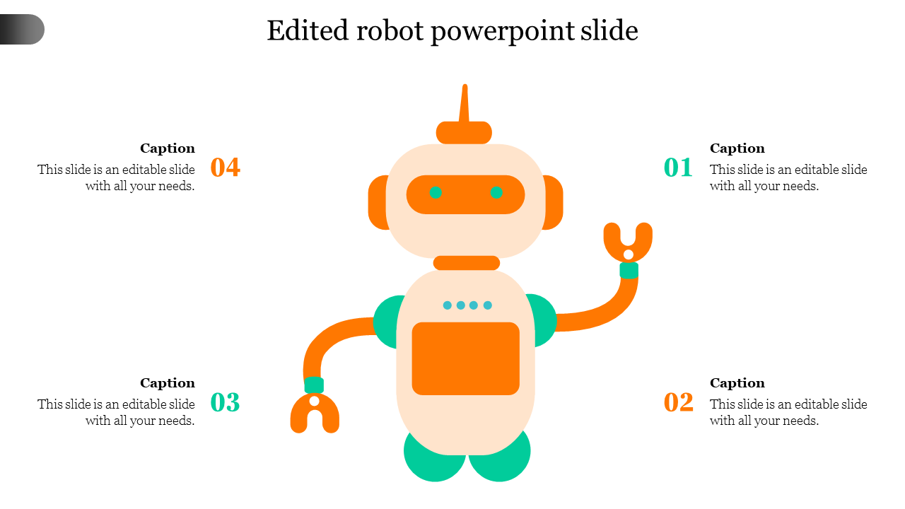 Robot graphic in a PowerPoint slide with space for four captions.