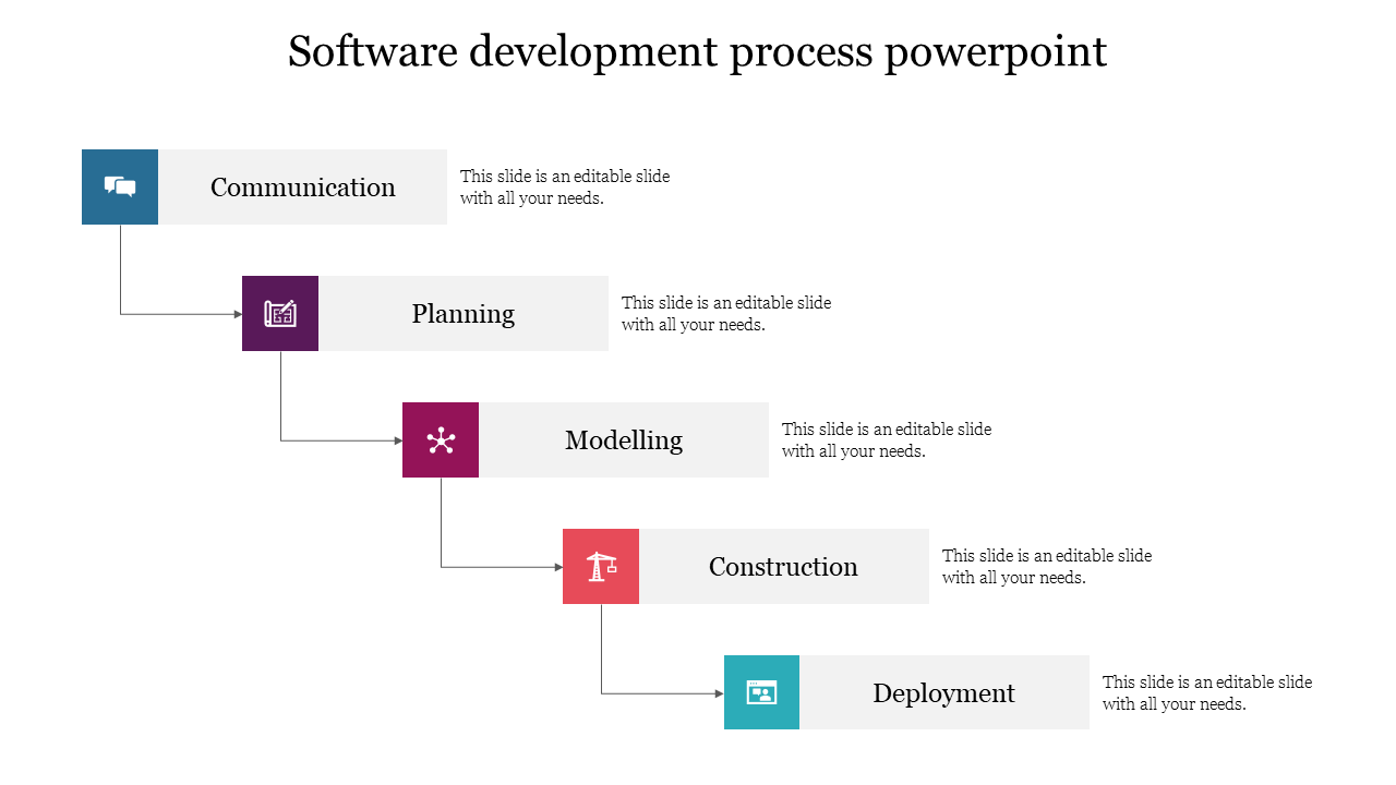 Diagonal process slide with five colored blocks in blue, purple, pink, red, and teal, each with an icon, connected by arrows.