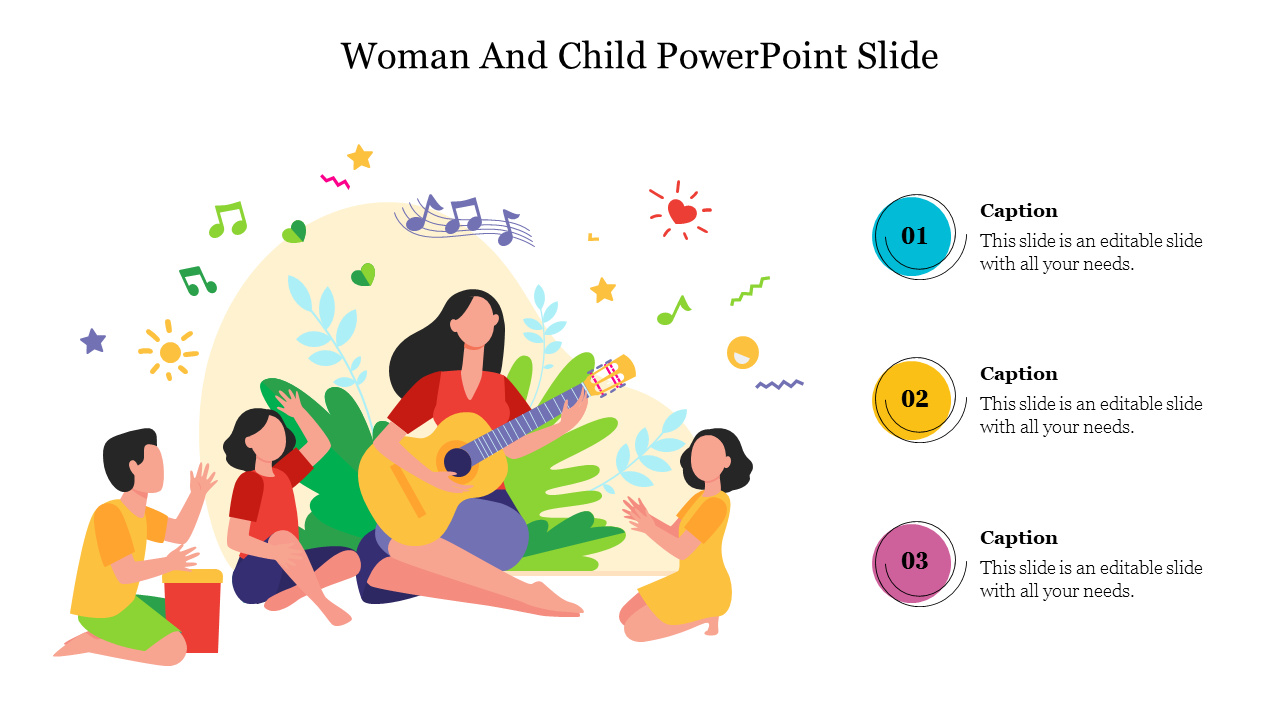 Illustration of woman playing guitar with three children and music notes icons, with three colorful captions on the right.