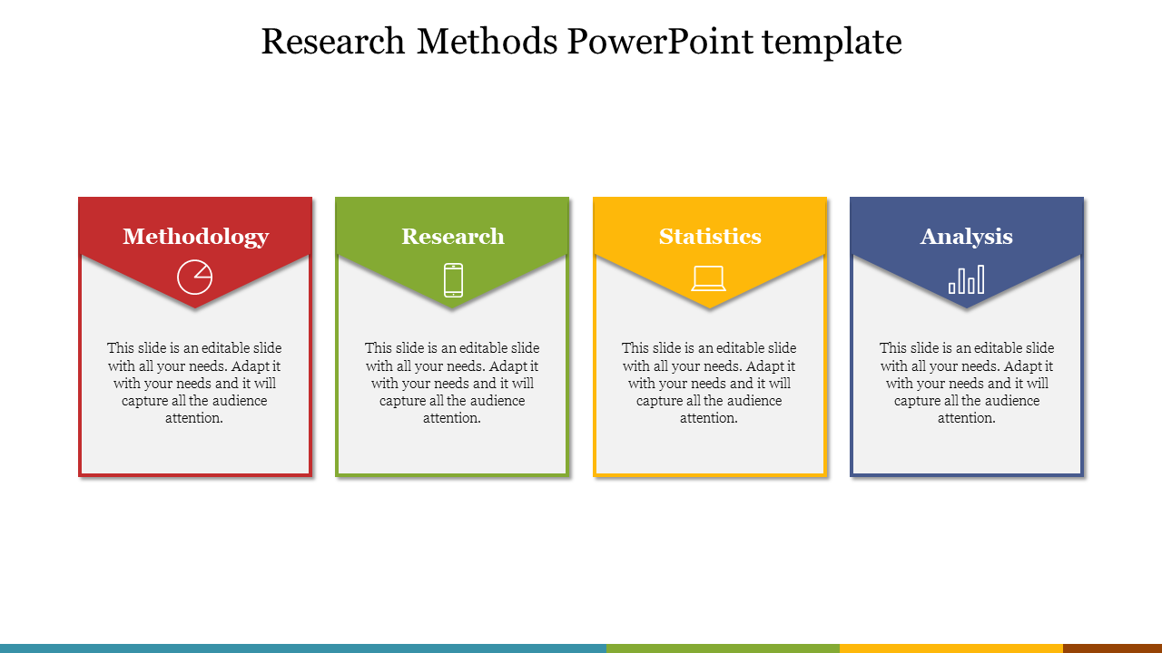 Slide showcasing a research methods template with four segments each with an icon and colorful text boxes.